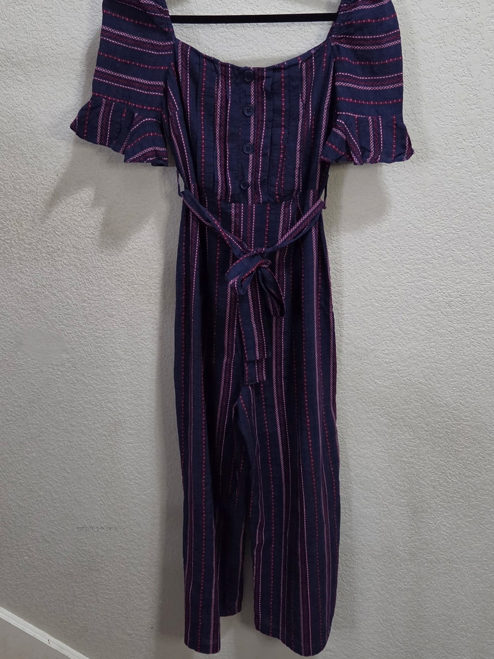 Umgee Navy & Pink Striped Off-Shoulder Tie-Waist Jumpsuit